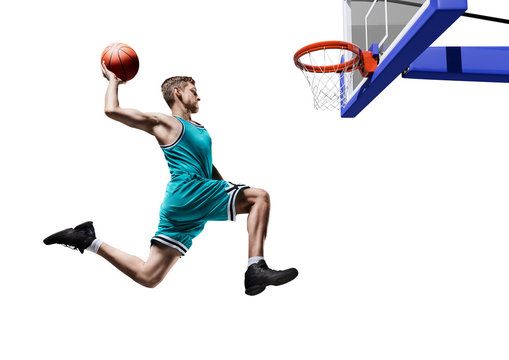 basketball player making slam dunk isolated