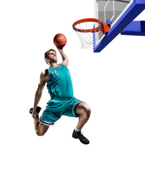 basketball player making slam dunk isolated