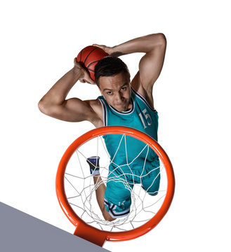 basketball player making slam dunk isolated