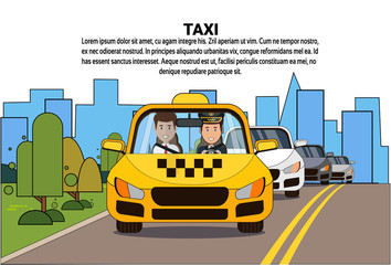 Taxi Service Driver And Male Passenger In Yellow Cab Automobile Car Over Silhouette City Background Flat Vector Illustration