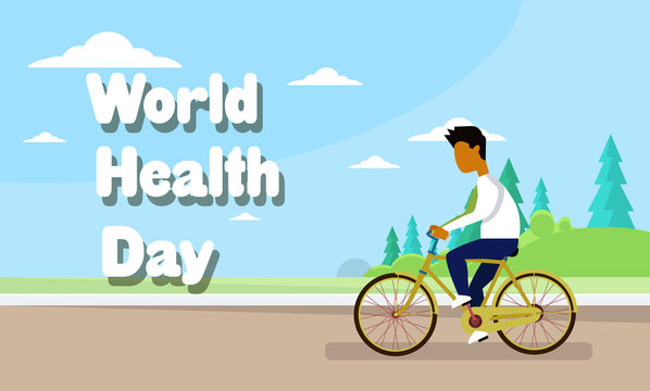 Man Riding Bike Over World Health Day Banner Background Vector Illustration