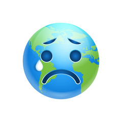 Cartoon Earth Face Crying Emotion Icon Funny Planet Depressed Expression Isolated Flat Vector Illustration