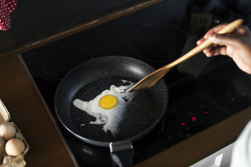 Closeup of cooked fried egg on the pan