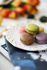 Closeup of macaron in a plate on the table
