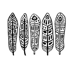 Ethnic Feathers Set. Hand drawn vector illustration. Design element