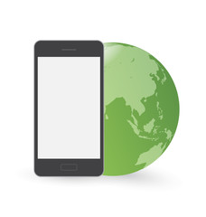 Smart phone in front of green globe