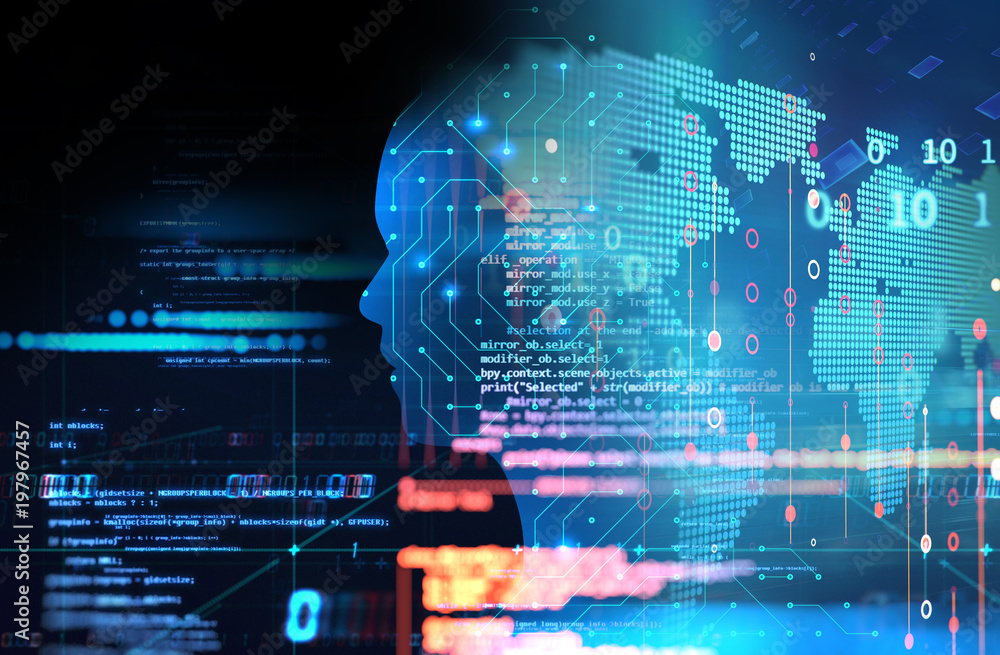 Poster silhouette of virtual human on circuit pattern technology 3d illustration