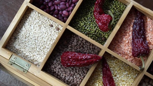 A box of different kinds of lentils, a great source of protein