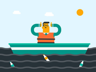 Young confused caucasian white male scientist clutching head while floating in water with oil spill and plastic bottles. Water, plastic and oil pollution concept. Vector cartoon illustration.