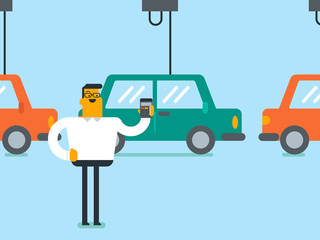 Caucasian white worker of factory controlling modern automated assembly line for cars. Happy young engineer at work at a car factory. Concept of car production. Vector cartoon illustration.