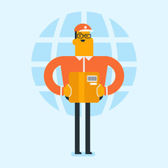 Young caucasian white man holding box with parcel on the background of world globe. International delivery service and global business concept. Vector cartoon illustration. Square layout