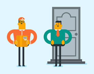 Young caucasian white courier delivering parcel box to the home of customer. Smiling delivery man giving parcel box to recipient. Delivery service concept. Vector cartoon illustration.