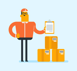 Young caucasian white delivery man checking parcel with the list in clipboard. Man preparing parcel box for dispatch in warehouse. Business service concept. Vector cartoon illustration. Square layout.