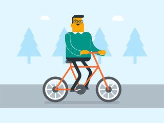 Fototapeta premium Young caucasian white businessman in glasses riding a bike outdoor. Cyclist riding a bicycle in the park. Healthy lifestyle and sport concept. Vector cartoon illustration. Horizontal layout.
