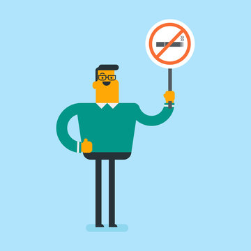 Young caucasian white man holding no smoking sign in hands. Man with a forbidden cigarette sign. Quit smoking and healthy lifestyle concept. Vector cartoon illustration. Square layout.