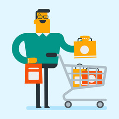 Happy caucasian white man pushing cart full of shopping bags
