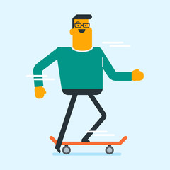 Caucasian white man riding a skateboard. Young happy sportsman skateboarding. Man exercising with a skateboard. Leisure activities and sport concept. Vector cartoon illustration. Square layout.
