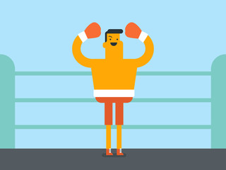 Caucasian white sportsman in boxing gloves standing in the boxing ring with raised hands. Professional male boxer celebrating after successful fight. Vector cartoon illustration. Horizontal layout.