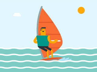 Caucasian white sportsman windsurfing in the sea in a summer day. Windsurfer training on the water. Man standing on the board with a sail for surfing. Vector cartoon illustration. Horizontal layout.