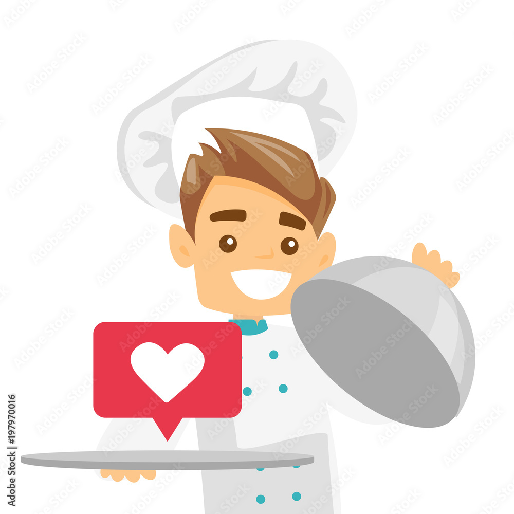 Poster caucasian waitress carrying tray with social network like button. waitress holding restaurant tray w