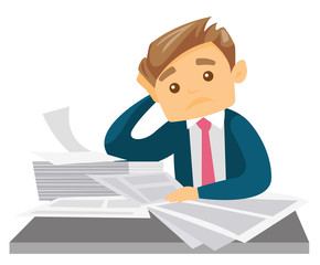 Stressed business woman sitting at workplace and clutching her head because of missed deadline. Caucasian business woman having problem with deadline. Vector cartoon illustration. Square layout.