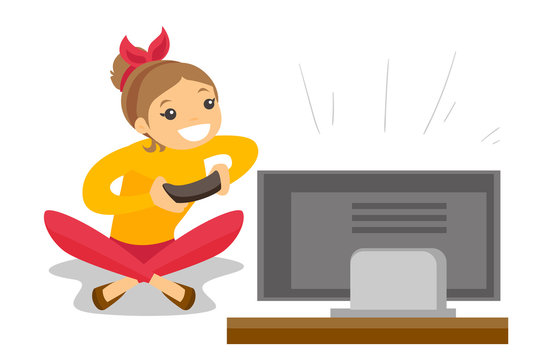 Happy caucasian gamer sitting on a sofa and playing video game on the television. An excited young man with console in hands playing video game at home. Vector cartoon illustration. Square layout.