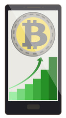 bitcoin coin with growth graph on a phone screen