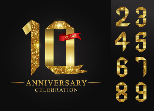 10 - 90 years anniversary, 0 - 9 Numbers.Celebration anniversary celebration logotype. logo with golden ribbons on black background, vector design for invitation card,number gold ribbon foil.