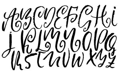 Handdrawn dry brush font. Modern brush lettering. Grunge style alphabet. Vector illustration.