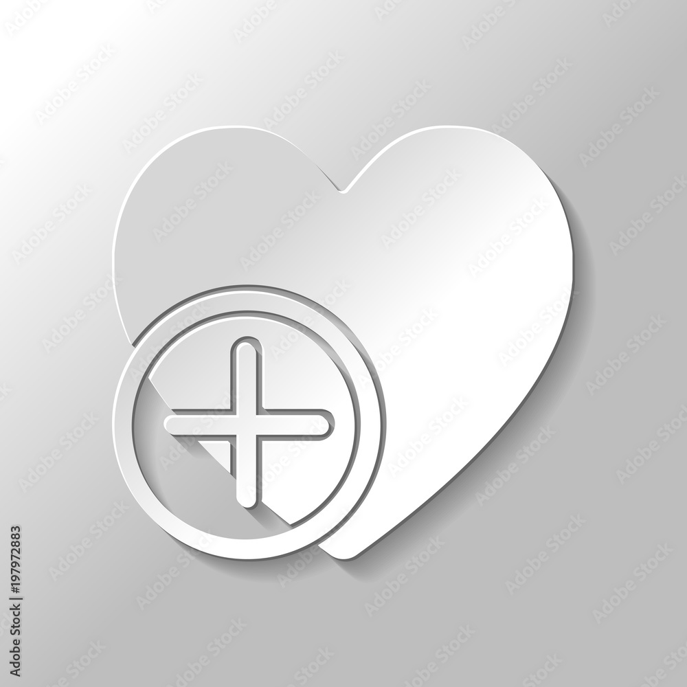 Poster heart and plus. simple silhouette. paper style with shadow on gray background