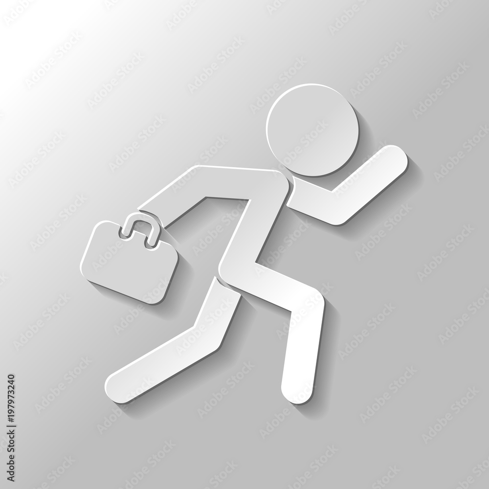 Poster running man with case. paper style with shadow on gray background