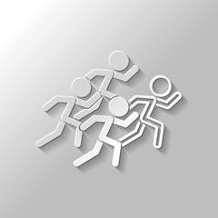 running people. team with leader. Paper style with shadow on gray background