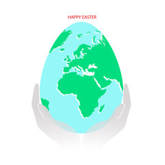 Easter egg with green and blue world map in numan hands or palms. Planet Earth in form of egg on white background with greeting text Happy Easter in red color. 3d vector illustration