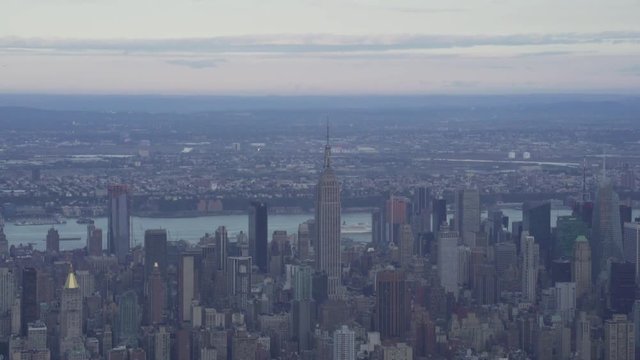 New York City daytime aerial view of Midtown Manhattan skyscrapers