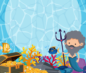 Background design with male mermaid and treasure