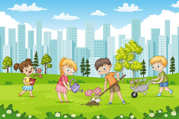 Children are planting flowers in a park
