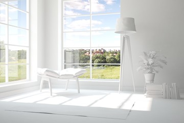 White room with armchair and green landscape in window. Scandinavian interior design. 3D illustration
