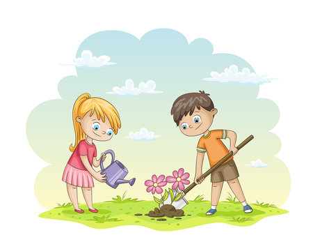 Two Children Are Planting Flowers
