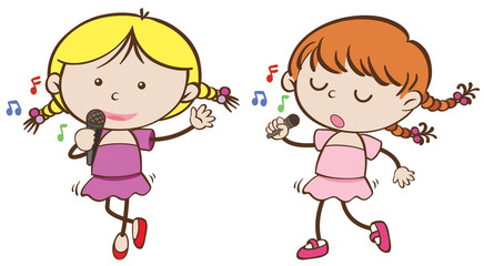 Two girls singing on microphone