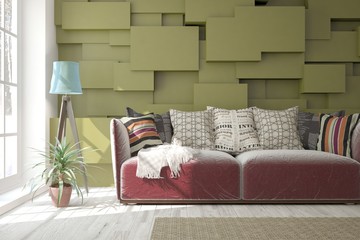 Green modern room with sofa. Scandinavian interior design. 3D illustration