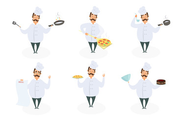 Funny characters of chef in action poses.