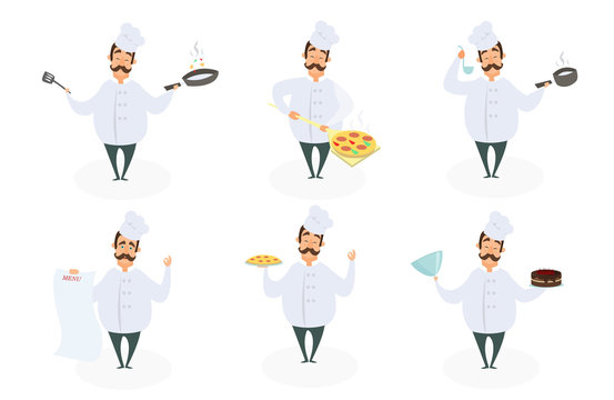 Funny Characters Of Chef In Action Poses.