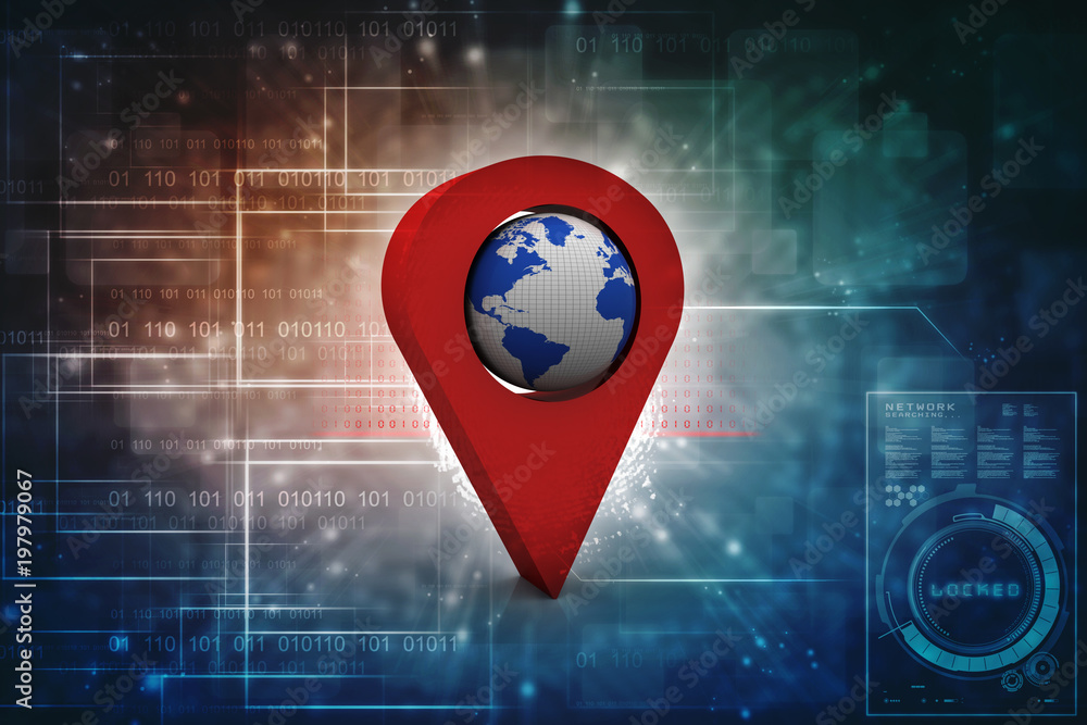 Fototapete 3d rendering red map pointer with world map