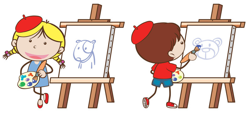 Two kids drawing on canvas