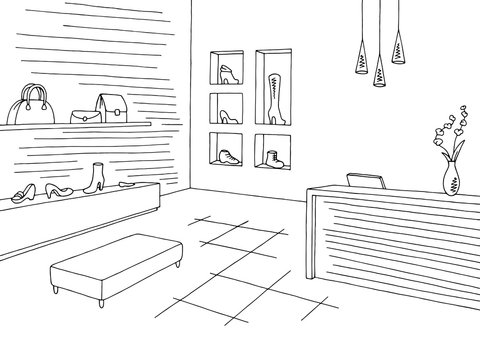 Shoe shop store graphic black white interior sketch illustration vector