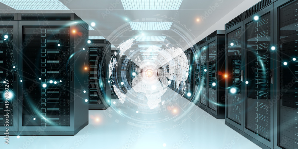 Poster earth network flying over server room data center 3d rendering
