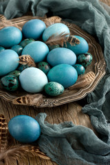 Colorful easter eggs on metal plate