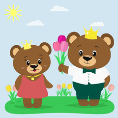 Obraz na płótnie Canvas Two brown bears in the crown and clothes in the summer glade. A boy gives tulips to a girl.