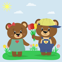 Obraz na płótnie Canvas Two brown bears in clothes on a summer glade. A boy gives tulips to a girl.