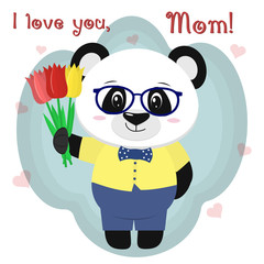 Sweet panda holds three tulips. Congratulations on your mother's day, in the style of cartoons.